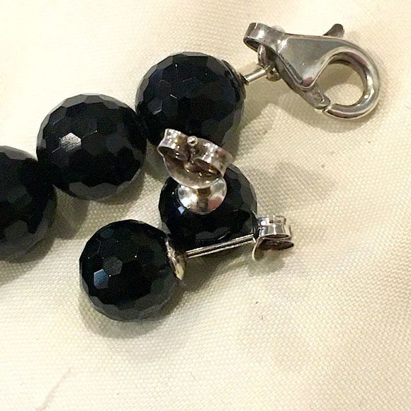 Vintage Black Onyx Faceted Necklace & Faceted Onyx Sterling Silver Earrings Set - Picture 7 of 12
